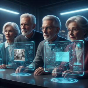 Cuatro personas mayores, dos hombres y dos mujeres, observan e interactúan con interfaces holográficas de color cian proyectadas sobre una mesa. Las pantallas muestran gráficos, datos y una fotografía familiar en blanco y negro.