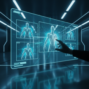 Vista aérea de una plaza con edificios de ladrillo rojo y una fuente central, rodeada de árboles y césped, con mesas y sillas de sombrillas blancas dispuestas para personas.