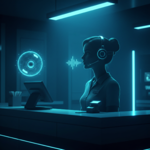 Manos de una persona escribiendo en un teclado de ordenador portátil, cuya pantalla muestra una interfaz de chatbot con una burbuja de diálogo y elementos de inteligencia artificial. El portátil está sobre una mesa de madera.