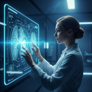 Un robot humanoide de color blanco con detalles azules y una pantalla facial, levanta su mano derecha mientras se presenta en un evento.