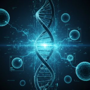 Doble hélice de ADN azul brillante en el centro, rodeada de esferas que parecen células, flujos de datos luminosos y una interfaz digital futurista con números y gráficos.