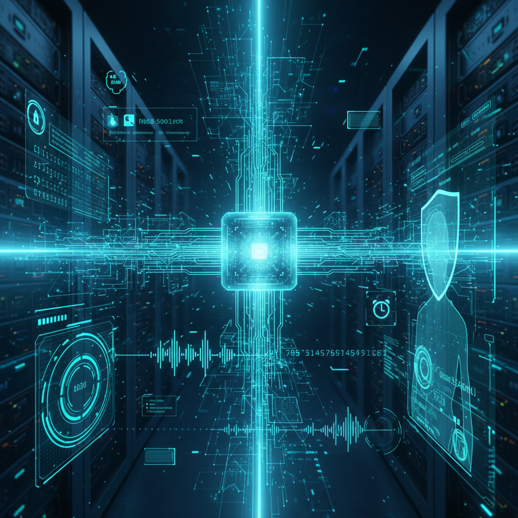 Cuatro profesionales (dos hombres y dos mujeres de diversas etnias) colaborando sonrientes alrededor de una mesa de oficina con un portátil abierto, documentos y notas, en un entorno de trabajo moderno y luminoso.