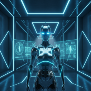 Robot humanoide plateado y brillante con luces LED azules en ojos y cuerpo, situado en un túnel futurista con iluminación geométrica de neón azul y dos paneles holográficos a los lados mostrando información tecnológica.