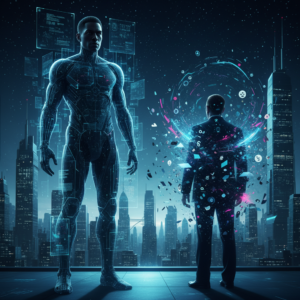 Persona con gafas y camiseta blanca trabajando concentrada en un ordenador portátil, con las manos sobre el teclado y un ratón blanco junto a él.