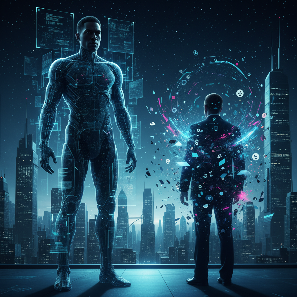 Persona con gafas y camiseta blanca trabajando concentrada en un ordenador portátil, con las manos sobre el teclado y un ratón blanco junto a él.