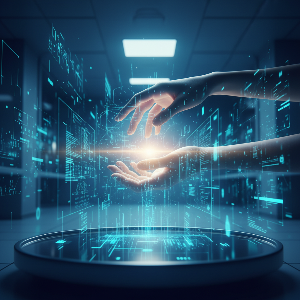 Dos manos interactúan con una proyección holográfica brillante de datos y circuitos digitales azules, con una plataforma reflectante en primer plano y un entorno tecnológico borroso de fondo.