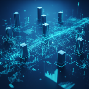 Persona sosteniendo un smartphone negro verticalmente mostrando una aplicación genérica con iconos coloridos, con fondo interior desenfocado.