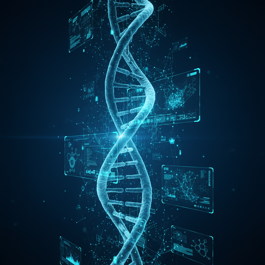 Una doble hélice de ADN luminosa en color azul vibrante, rodeada de interfaces digitales y pantallas holográficas que muestran datos genéticos, gráficos científicos y modelos moleculares en un entorno oscuro.