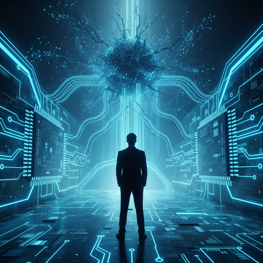 Un hombre con traje de espaldas se encuentra en una sala digital futurista, con circuitos y paneles luminosos en tonos azules eléctricos. Mira hacia arriba a una gran estructura esférica que parece una red neuronal o cerebral, con conexiones que irradian hacia el techo y las paredes.} {