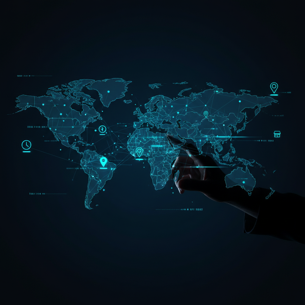 Persona sosteniendo un smartphone con una aplicación de mapa abierta y un puntero verde en la pantalla.