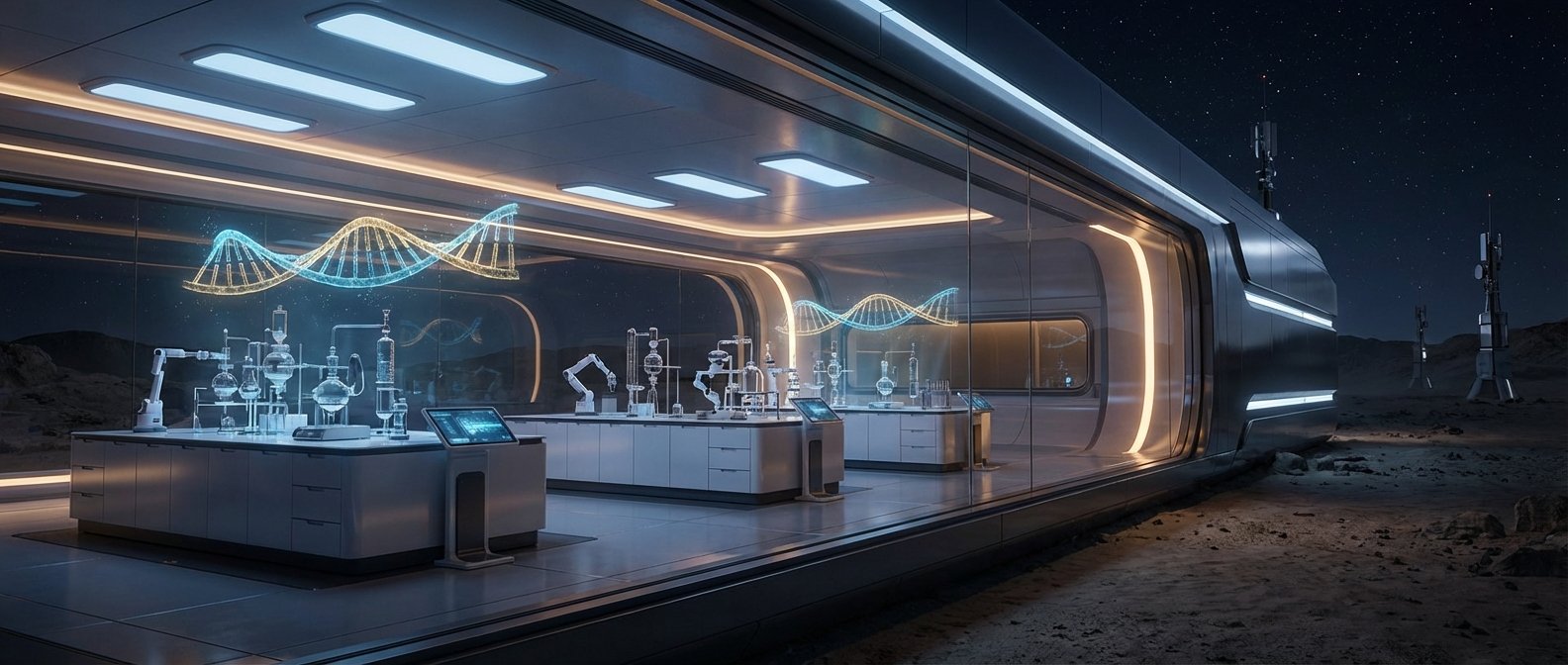 Laboratorio científico futurista con grandes ventanales que dan a un paisaje extraterrestre nocturno. En el interior se observan equipos de laboratorio avanzados, brazos robóticos y una hélice de ADN holográfica iluminada. En el exterior desértico hay torres de comunicación bajo un cielo estrellado.