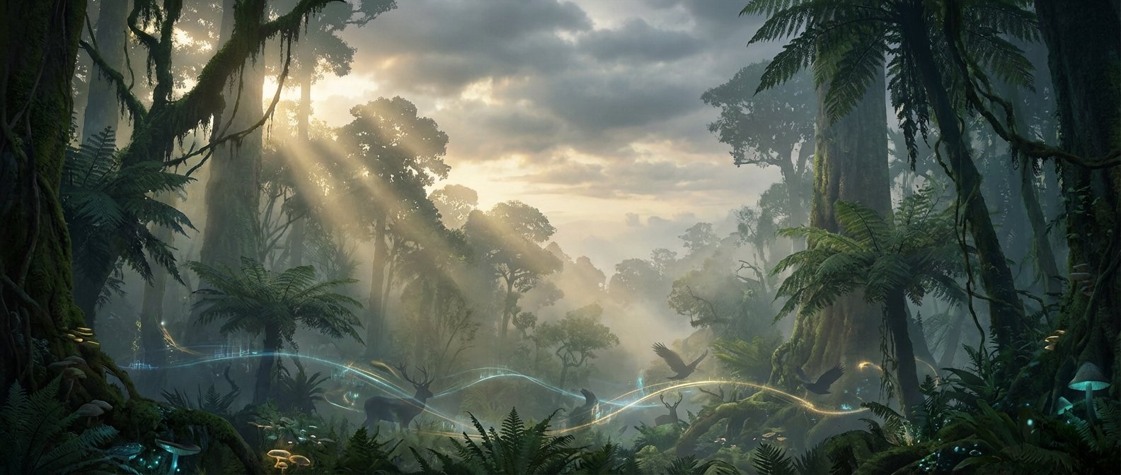 Bosque místico y frondoso con grandes árboles cubiertos de musgo y helechos, donde rayos de sol atraviesan la neblina. Se aprecian ciervos y pájaros volando, junto a líneas de energía luminosas azules y doradas que serpentean entre la vegetación y setas brillantes en el suelo.