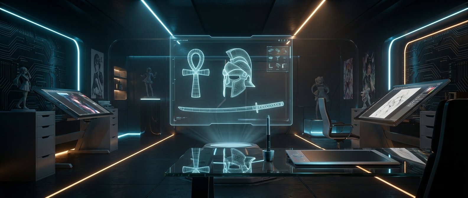 Estudio de diseño digital futurista con paredes de circuito iluminadas con neón azul y naranja. Una pantalla holográfica central muestra modelos 3D en wireframe de un anj, un casco espartano y una katana. A los lados, dos estaciones de trabajo con monitores de dibujo digital exhiben arte. En primer plano, una mesa de cristal con una tableta gráfica y figuras de personajes de anime decoran el espacio.