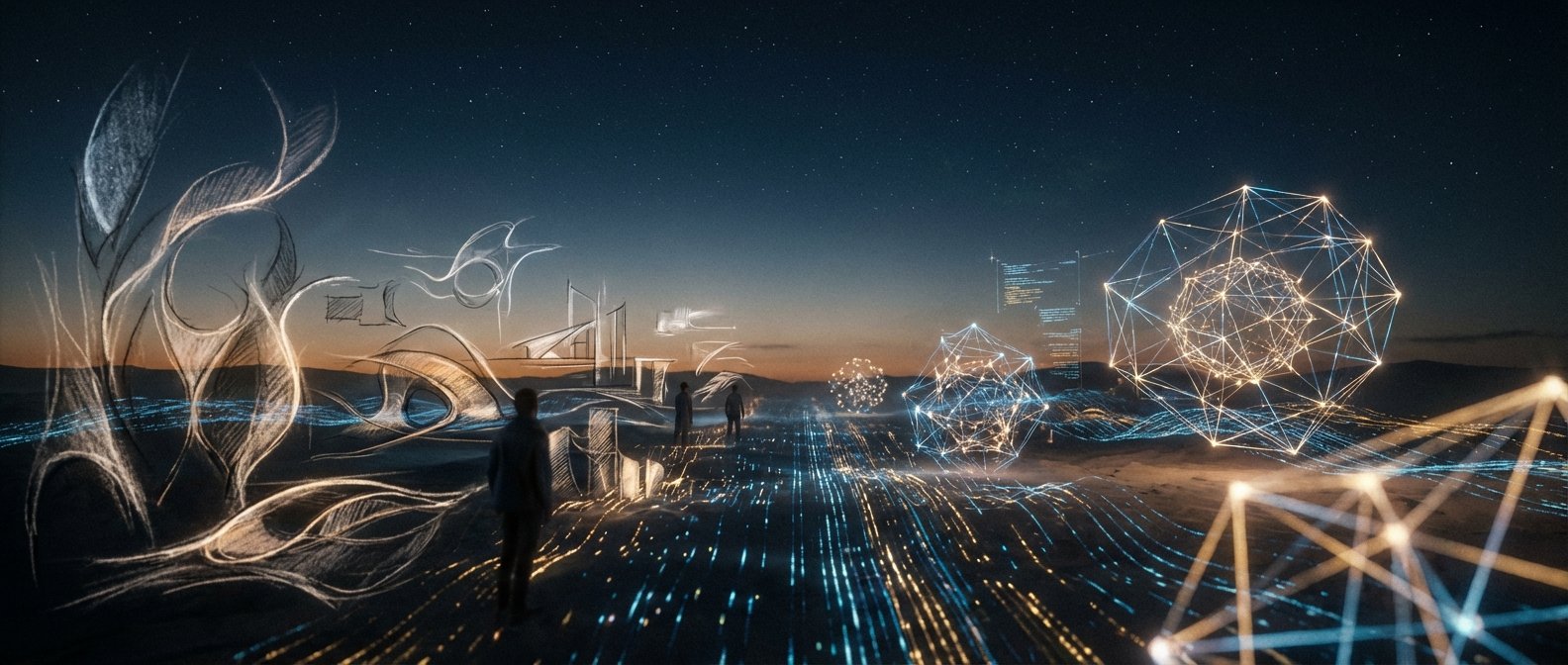 Paisaje nocturno futurista con personas observando bocetos luminosos de diseños arquitectónicos y estructuras de red de datos brillantes, con flujos de luz digital en el suelo bajo un cielo estrellado.