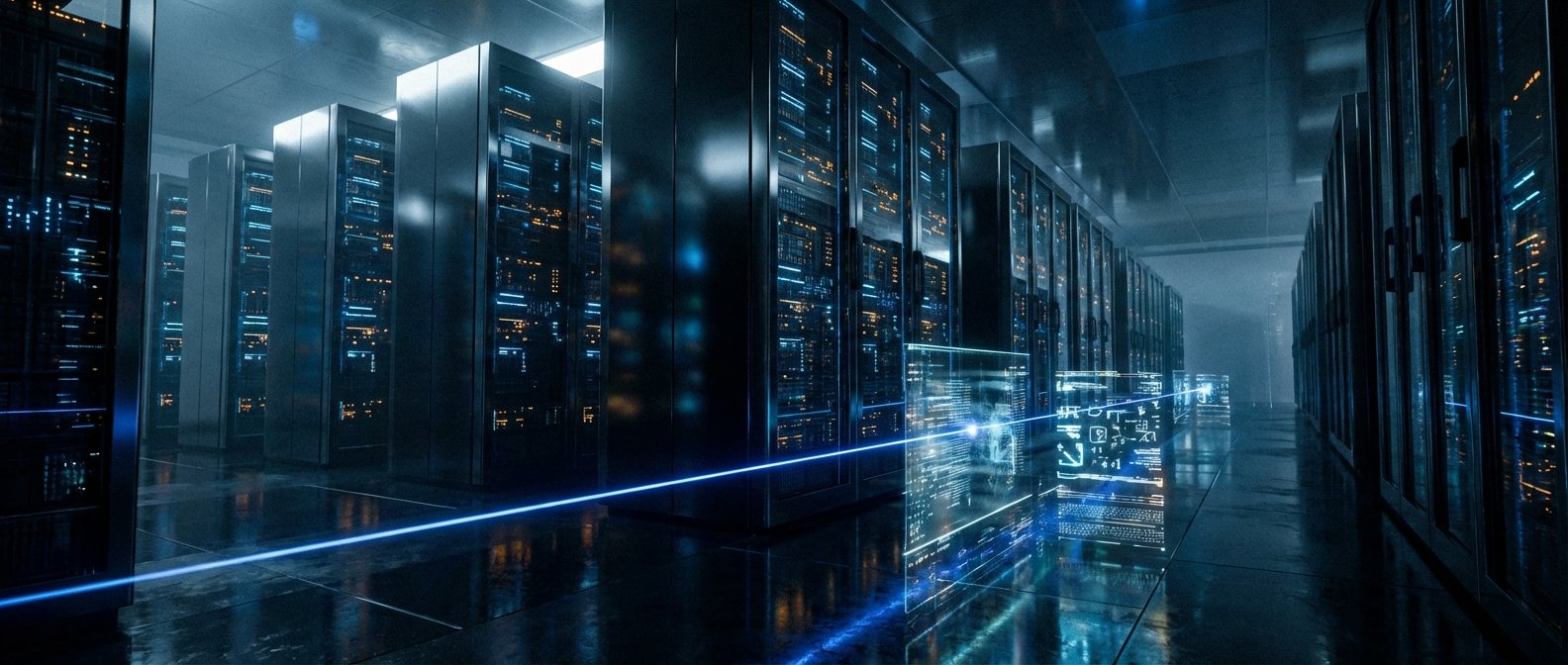 Un centro de datos moderno y futurista con pasillos de racks de servidores que muestran luces azules y naranjas. Una línea de luz azul brillante recorre el suelo, y pantallas holográficas transparentes con información digital flotan en el aire.
