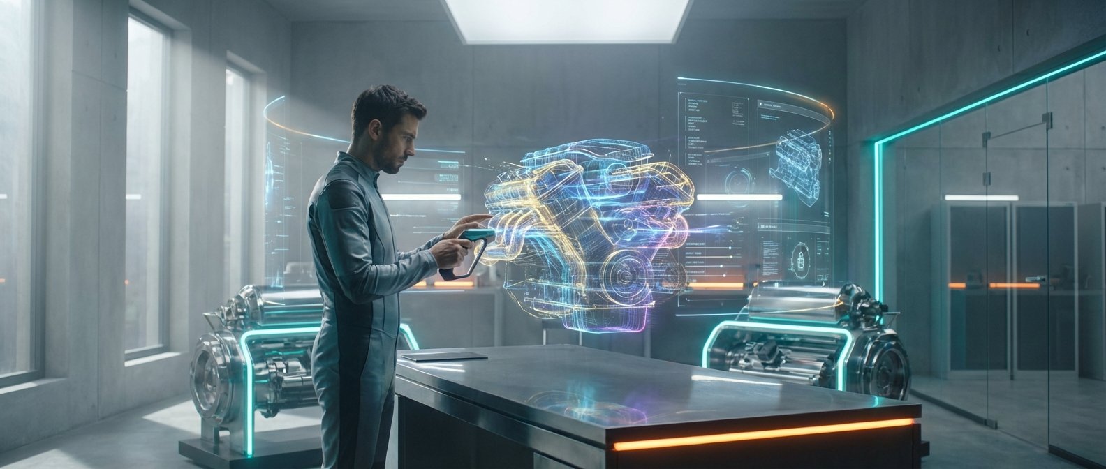 Un ingeniero vestido con un traje gris interactúa con un holograma detallado de un motor de coche en 3D usando un dispositivo de mano, en un laboratorio de alta tecnología con ventanas y motores físicos en el fondo.