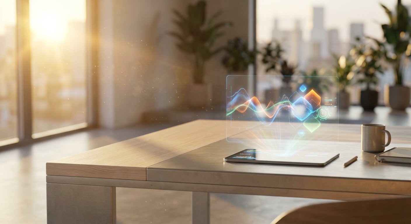 Escritorio moderno en una oficina soleada con una tablet proyectando hologramas de datos interactivos, mostrando gráficos de ondas y figuras cúbicas. Hay una taza de café, un bolígrafo y un cuaderno. Al fondo se ven plantas y un paisaje urbano borroso.