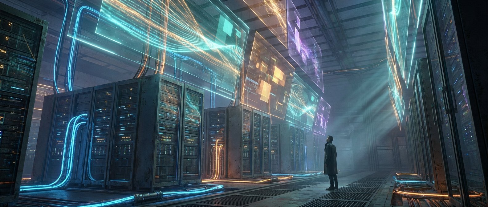 Un hombre de pie en un centro de datos futurista, rodeado de filas de servidores y múltiples pantallas holográficas flotantes que muestran datos y patrones de energía en tonos azules, naranjas y púrpuras. Cables luminosos recorren el suelo.