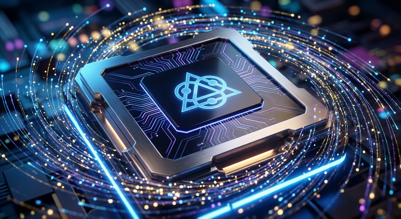 Un microchip o procesador moderno con un símbolo abstracto azul brillante en su centro, rodeado por un torbellino de partículas luminosas y líneas de datos digitales en tonos azules, morados y dorados, sobre un fondo tecnológico desenfocado de circuitos electrónicos.