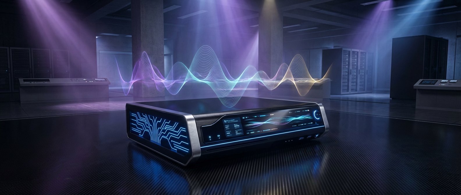 Dispositivo electrónico futurista y elegante con pantallas iluminadas que muestran un circuito azul y una visualización de ondas de sonido multicolor (púrpura, azul, amarillo). Se encuentra en un centro de datos con racks de servidores, bajo haces de luz de colores, con grandes ondas de energía o datos flotando en el aire.