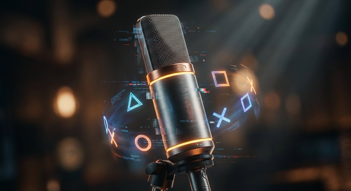 Micrófono de condensador metálico con anillos luminosos naranjas, rodeado de símbolos holográficos de PlayStation (triángulo, círculo, cruz y cuadrado) y efectos visuales glitch sobre un fondo oscuro con luces bokeh.