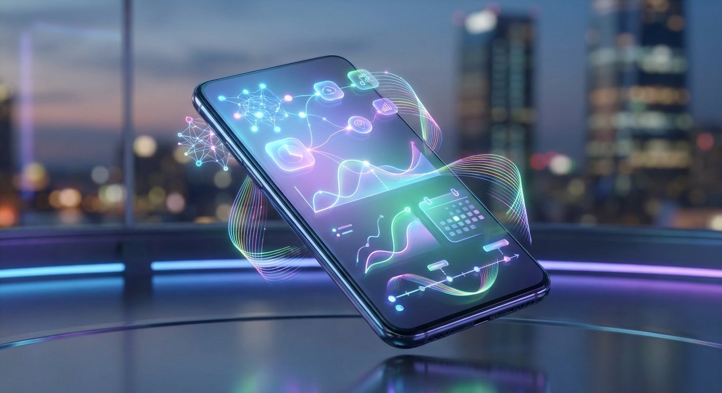 Un smartphone con una interfaz digital holográfica que muestra gráficos de datos, iconos de aplicaciones y una red de conexiones luminosas, flotando sobre una superficie reflectante con un fondo de ciudad nocturna.