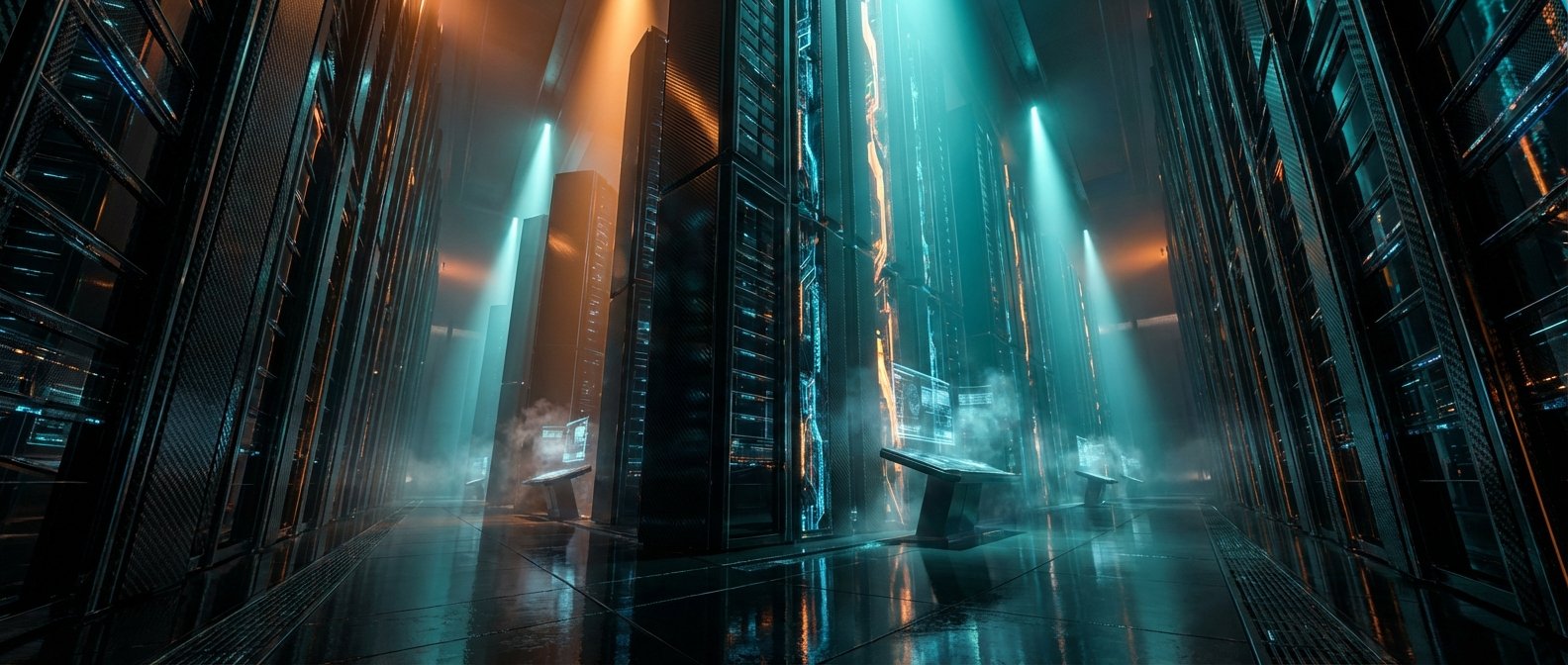 Interior de un centro de datos futurista con grandes filas de servidores oscuros y paneles luminosos azules y naranjas. Rayos de luz cian se proyectan a través de la niebla, iluminando el suelo reflectante y varias consolas interactivas con hologramas.
