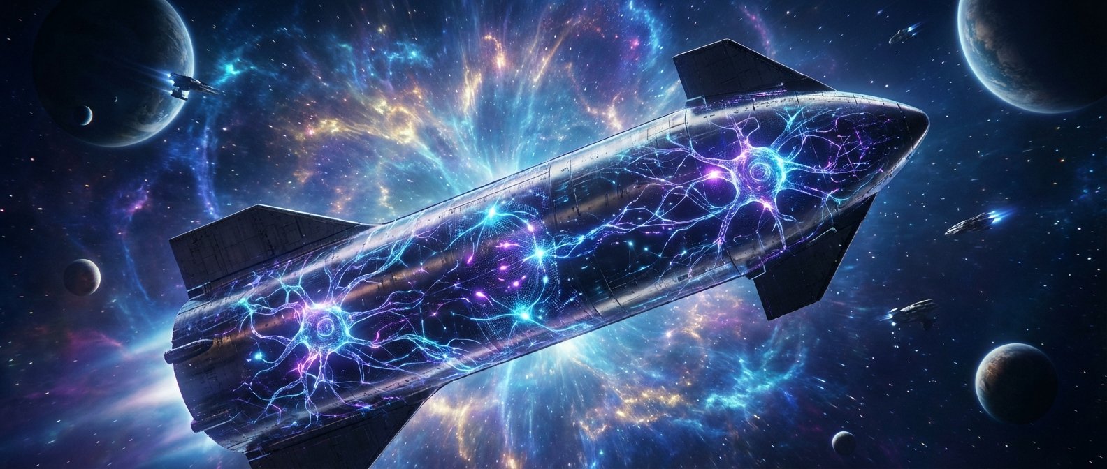 Gran nave espacial futurista de diseño plateado, adornada con complejos patrones de energía luminosa azul y púrpura que evocan una red neuronal, surcando una vasta galaxia multicolor con nebulosas vibrantes, múltiples planetas y otras naves espaciales en el fondo.