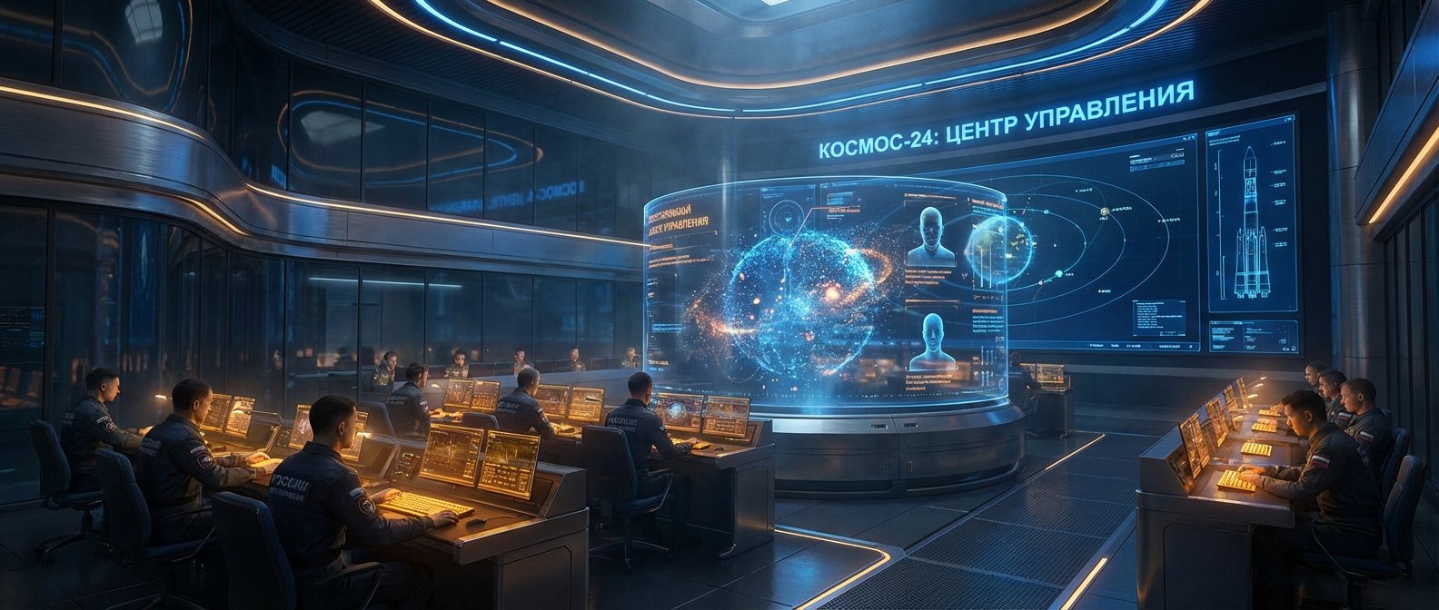Sala de control espacial futurista con operadores en uniformes con insignias rusas trabajando en consolas avanzadas. En el centro, una pantalla holográfica interactiva muestra una representación del planeta con datos y perfiles. Al fondo, una gran pantalla digital exhibe el texto 
