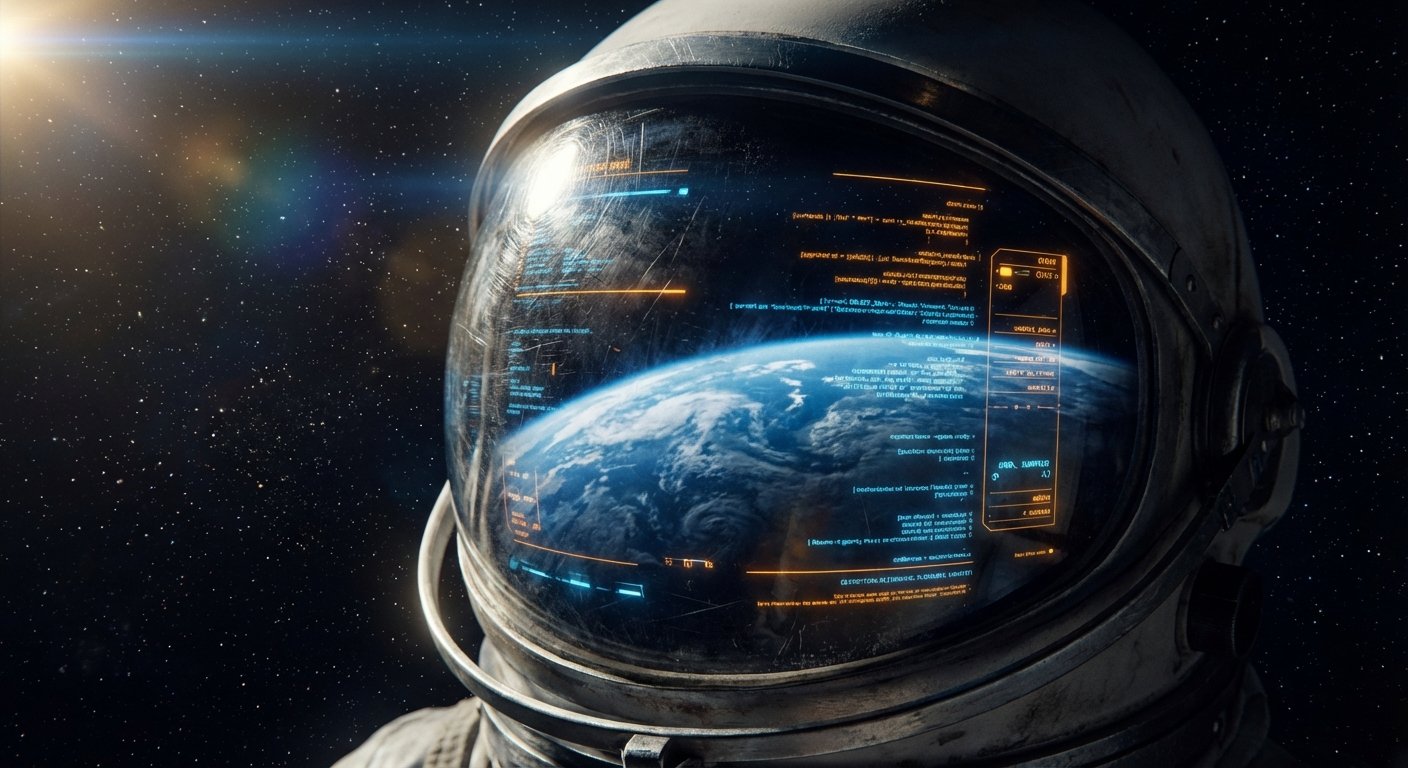 Astronauta con casco en el espacio, cuyo visor refleja la Tierra y muestra una interfaz de datos tecnológicos superpuesta, con estrellas de fondo y un destello de luz solar.