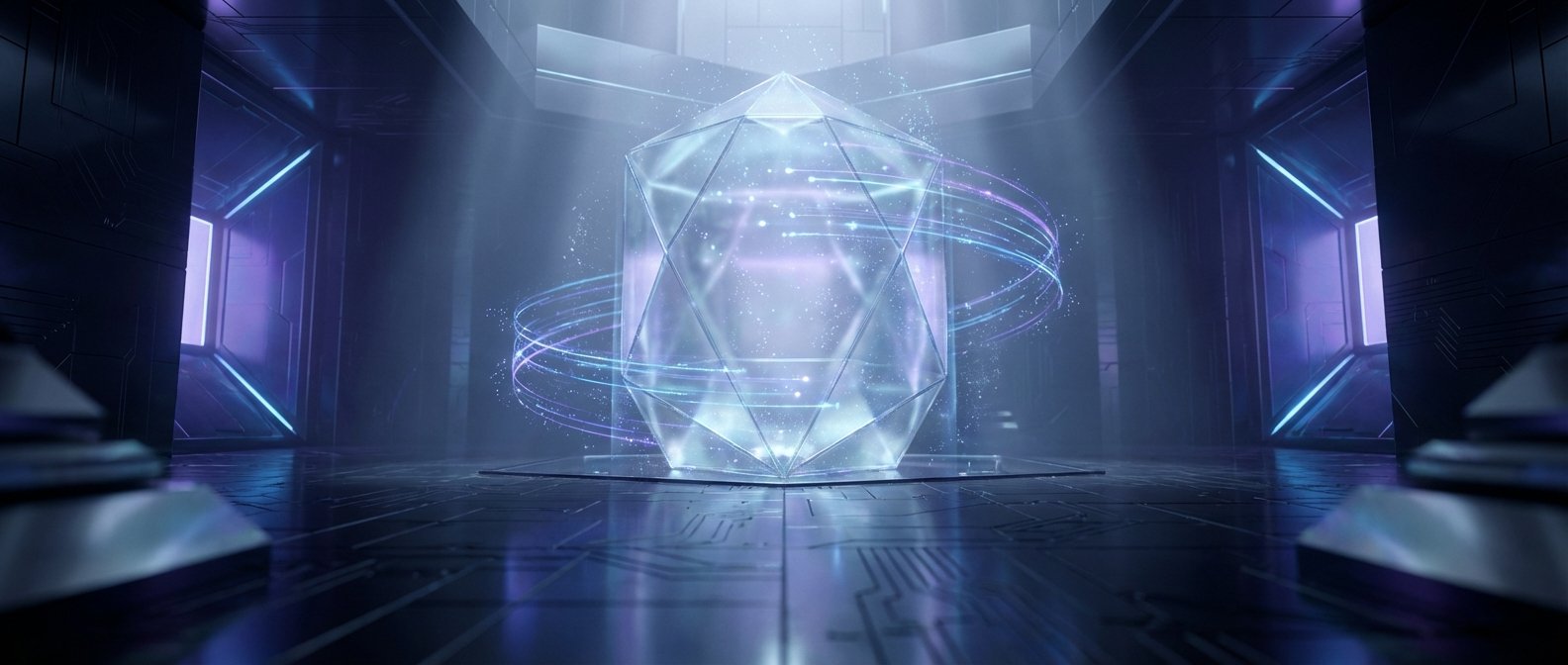 Un gran cristal geométrico translúcido brillante con luces azules y moradas y estelas de energía que lo rodean, situado en una sala futurista oscura con detalles de circuitos y luces de neón.