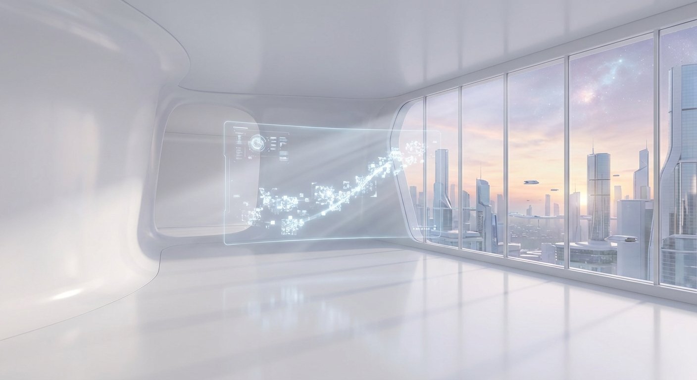 Interior de una sala futurista minimalista de color blanco con una pantalla holográfica interactiva que muestra un gráfico de datos. A través de la ventana, se ve una metrópolis futurista con rascacielos altos, vehículos voladores y un cielo al atardecer con tonos pastel y una nebulosa.} {
