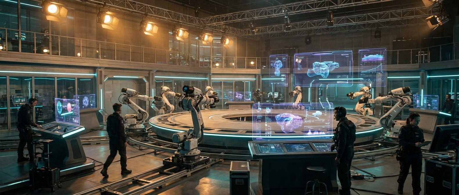 Laboratorio de alta tecnología con técnicos en uniformes oscuros operando consolas y brazos robóticos sobre una plataforma circular. Hay pantallas holográficas que muestran modelos 3D de cerebros, componentes mecánicos y gráficos de datos.