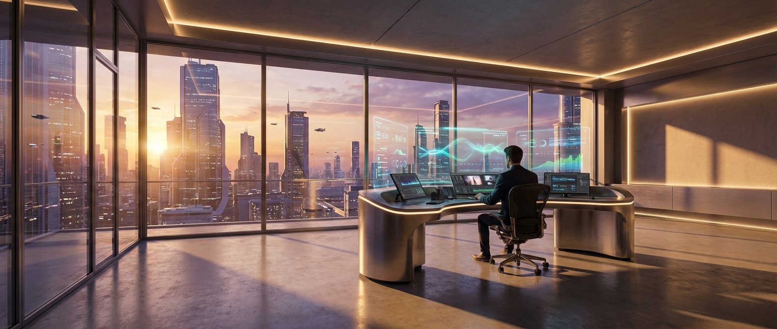 Hombre en traje en una oficina futurista con pantallas e interfaces holográficas, frente a grandes ventanales con vista a una ciudad de rascacielos y vehículos voladores al atardecer.