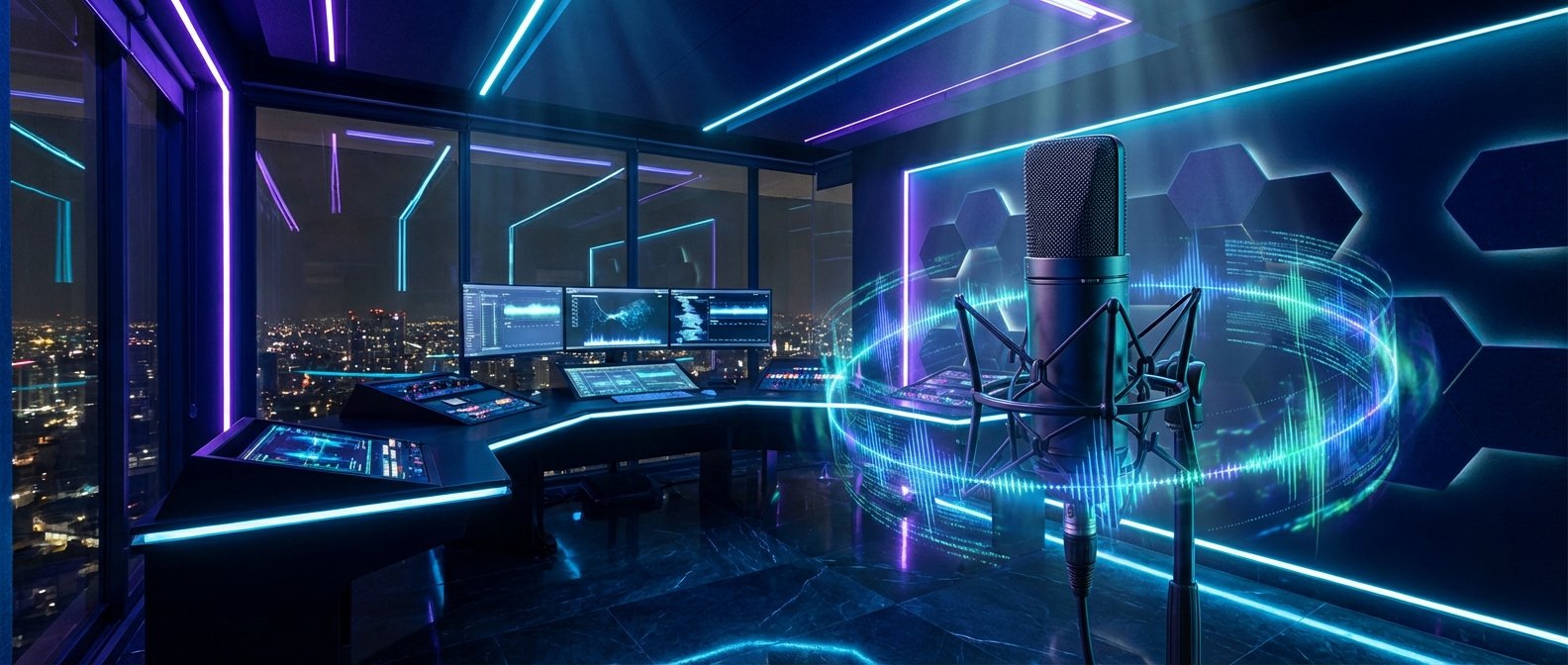 Un estudio de grabación moderno y futurista con luces de neón azules y moradas, ubicado en un rascacielos con vistas nocturnas a la ciudad. En primer plano hay un micrófono de condensador profesional y, al fondo, una mesa de mezclas con múltiples monitores que muestran formas de onda de audio y datos digitales, junto a paneles acústicos hexagonales y efectos de ondas sonoras holográficas.