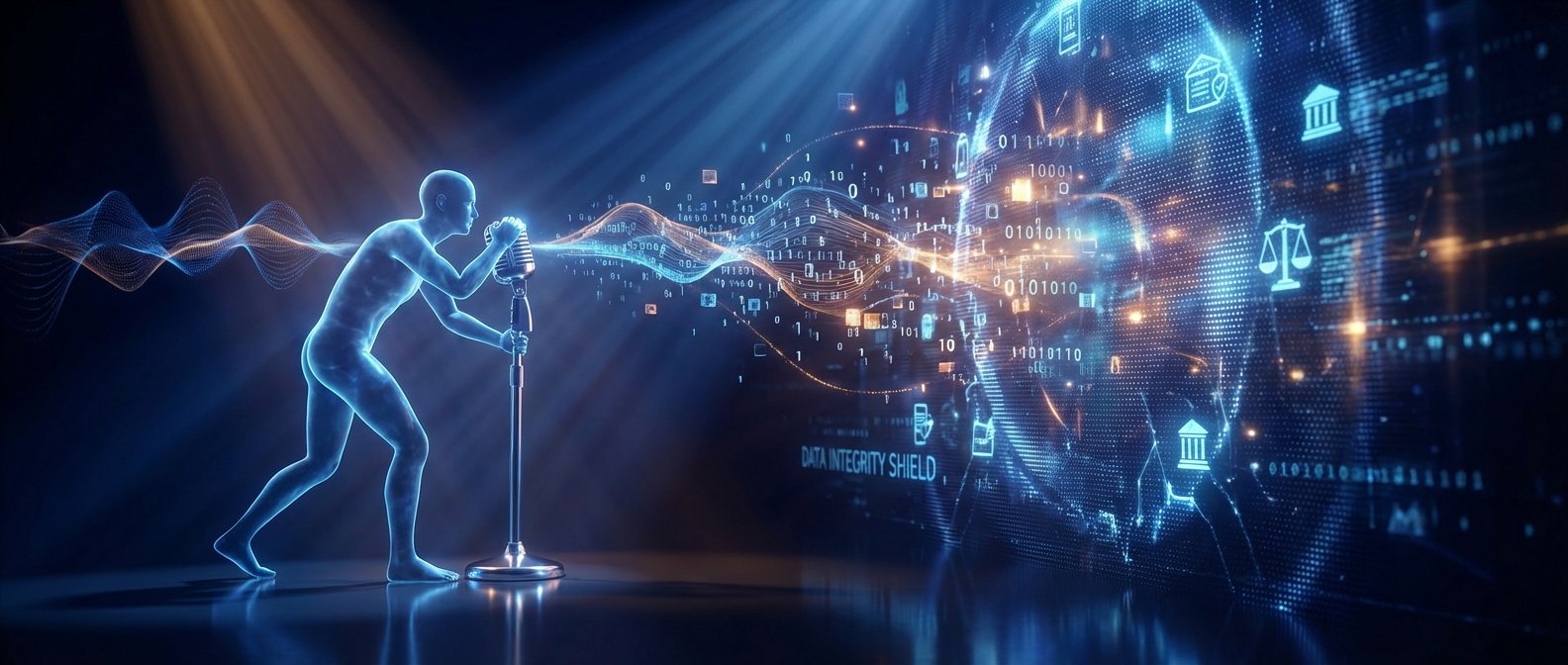Figura digital azul hablando por un micrófono, emitiendo ondas de datos y código binario hacia una esfera global digital con iconos de justicia, gobierno y seguridad de datos, y el texto 'DATA INTEGRITY SHIELD'.
