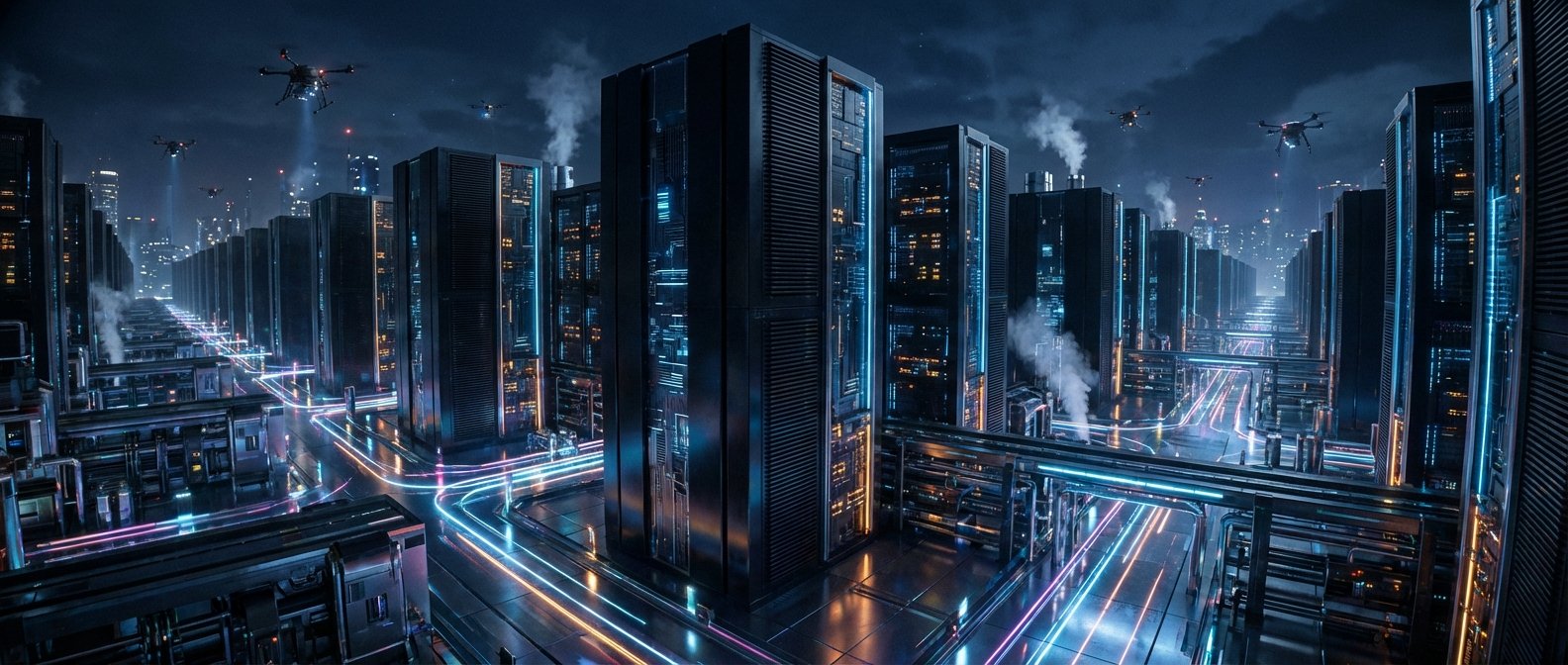 Ciudad futurista nocturna con edificios que simulan servidores, rutas de datos luminosas en el suelo y drones volando sobre ella.