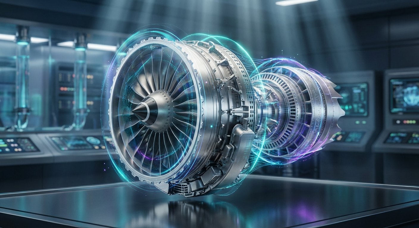 Motor de avión avanzado con turbinas y componentes internos visibles, rodeado de una proyección holográfica de datos y luces LED azules y moradas. Está sobre una superficie reflectante en un laboratorio futurista con paneles de control y pantallas.