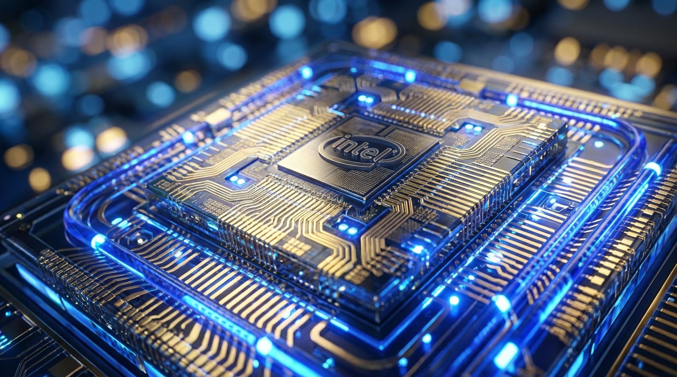Primer plano de un microprocesador Intel con complejos circuitos dorados y vías de luz azul brillante sobre una placa electrónica, con un fondo tecnológico bokeh.