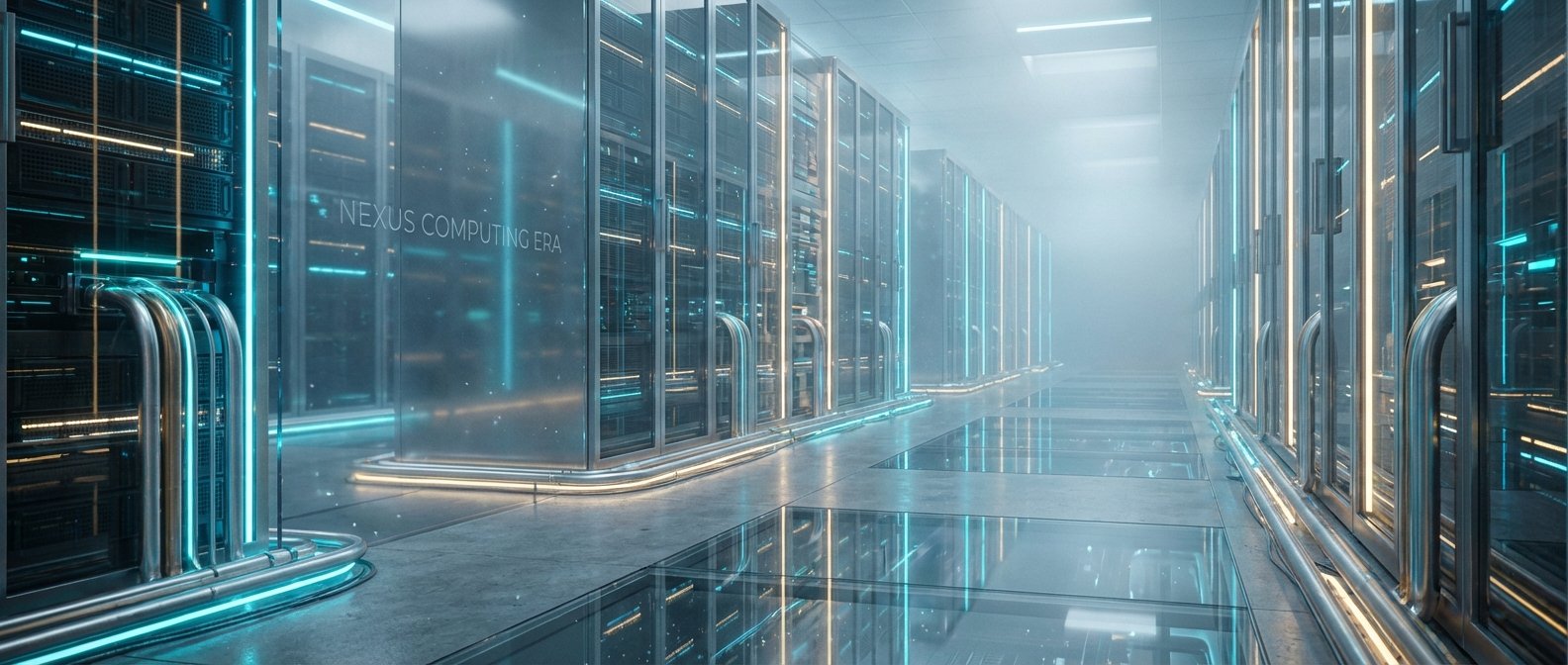 Centro de datos futurista con filas de racks de servidores de cristal, iluminados con luces LED cian y doradas. Tuberías metálicas con luz azul recorren el suelo, que combina hormigón y paneles de cristal reflectantes. Una atmósfera brumosa llena la sala y se lee 'NEXUS COMPUTING ERA' en una de las puertas de cristal.