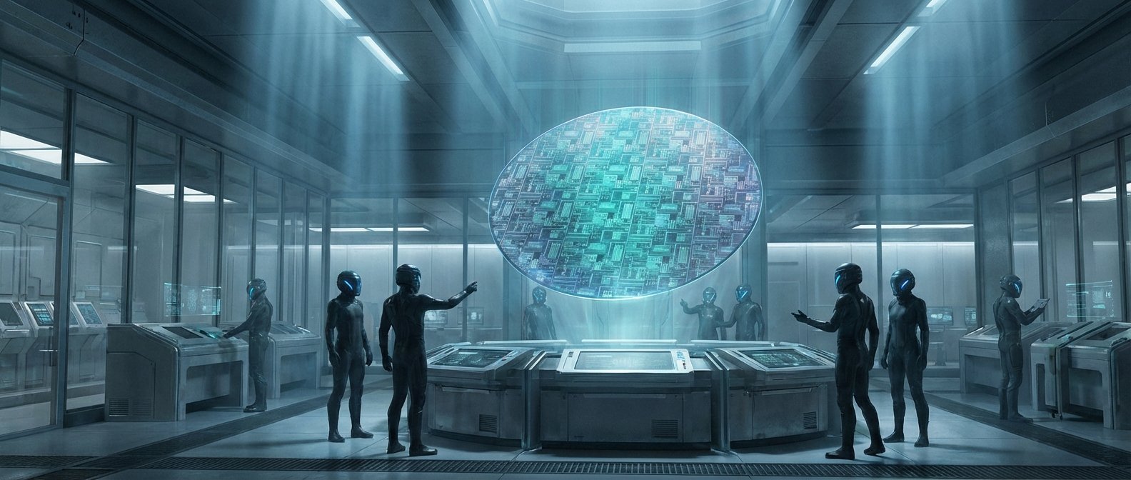 Científicos en trajes futuristas examinando una gran oblea de silicio con patrones de circuitos iluminados en un laboratorio de alta tecnología.