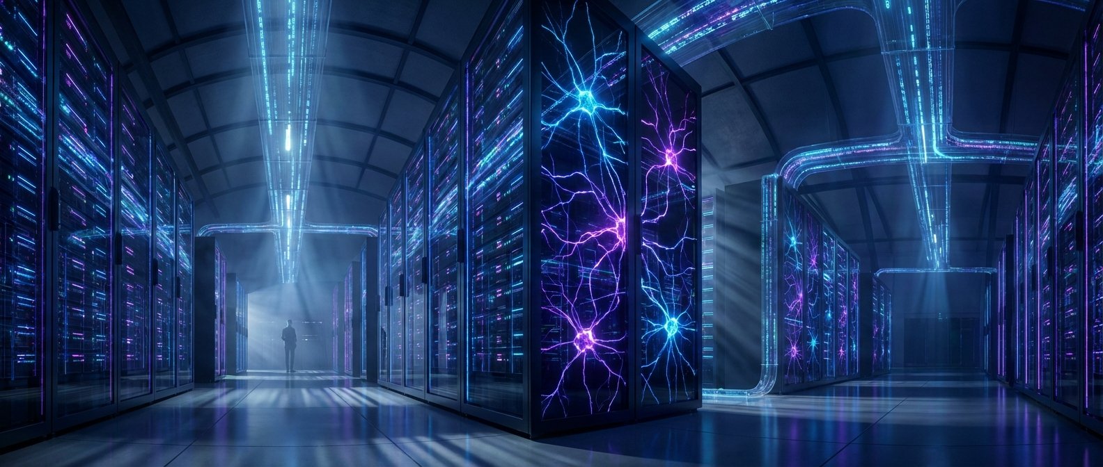 Pasillo de un centro de datos moderno con filas de servidores iluminados en tonos azules y morados. Algunos servidores muestran gráficos de neuronas y flujos de datos digitales transparentes en el techo. Una persona está de pie al fondo.