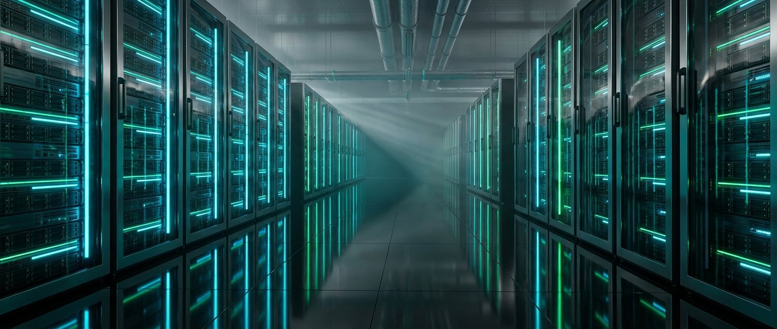 Pasillo largo de un centro de datos moderno con filas de racks de servidores iluminados por luces LED azules y verdes. El suelo es reflectante y se aprecian tuberías en el techo.} {