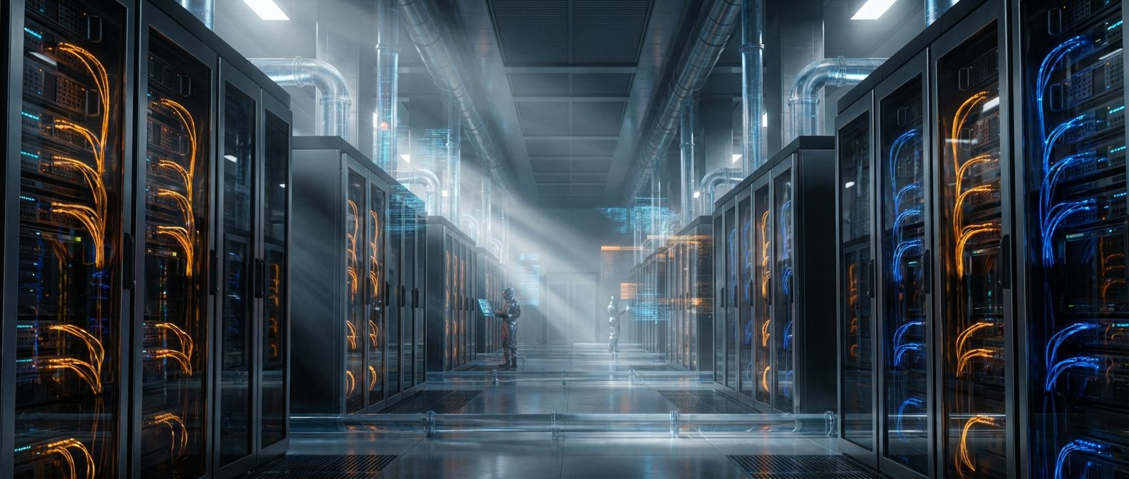 Pasillo de un centro de datos futurista con filas de racks de servidores que muestran cables luminosos en tonos naranja y azul. Un técnico revisa datos holográficos flotantes en un ambiente de alta tecnología.