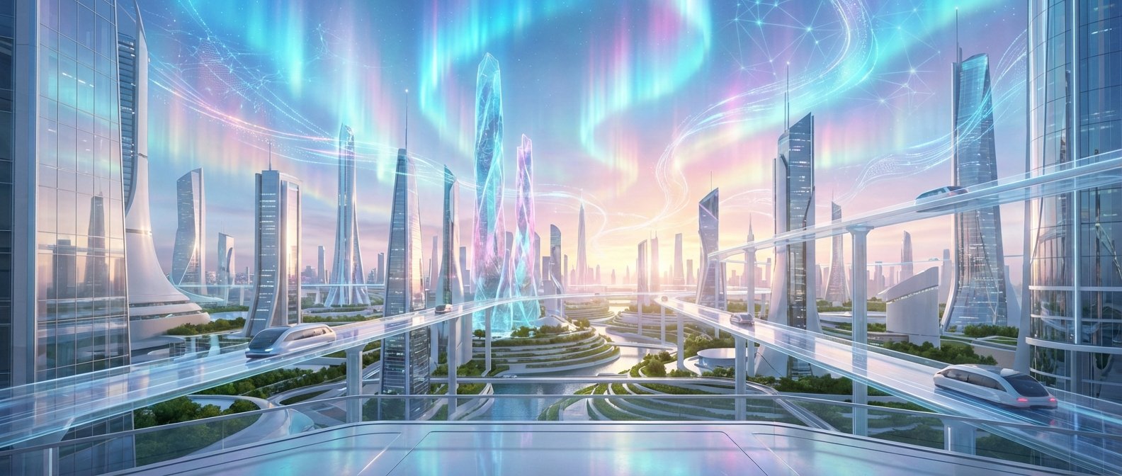 Ciudad futurista con rascacielos de diseño innovador, algunos con estructuras cristalinas y luminosas, un sistema de transporte elevado transparente con trenes modernos, zonas verdes, jardines en terrazas y canales de agua, bajo un cielo con auroras boreales y patrones de luz digitales.