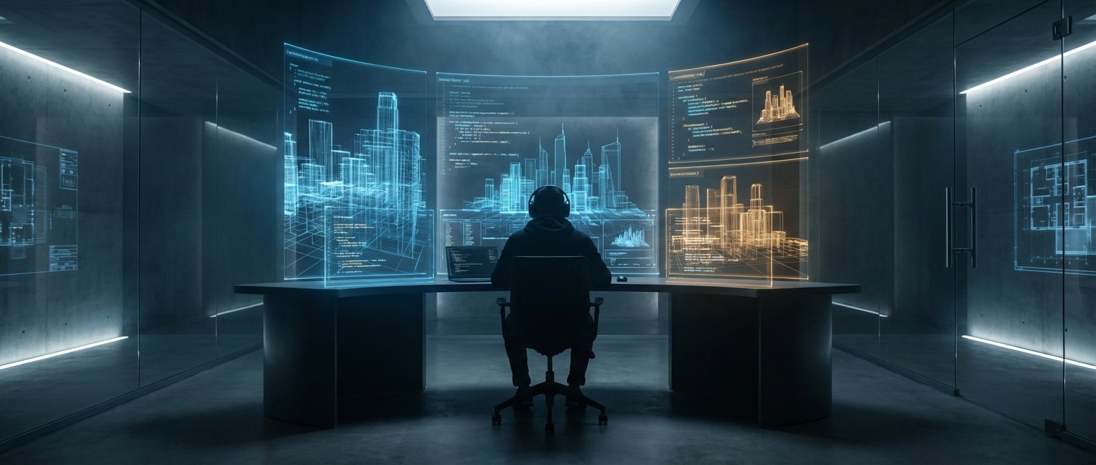 Persona con auriculares sentada de espaldas en un escritorio, trabajando con múltiples pantallas holográficas que muestran diseños de ciudades, código y planos arquitectónicos en una oficina futurista y oscura.