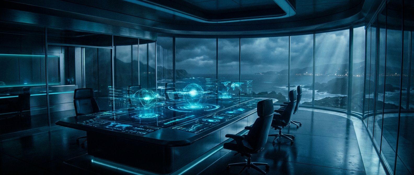 Sala de reuniones futurista con una mesa interactiva que proyecta hologramas y gráficos de datos, ubicada en un edificio con ventanales que ofrecen vistas panorámicas de un paisaje costero nublado y un océano agitado.