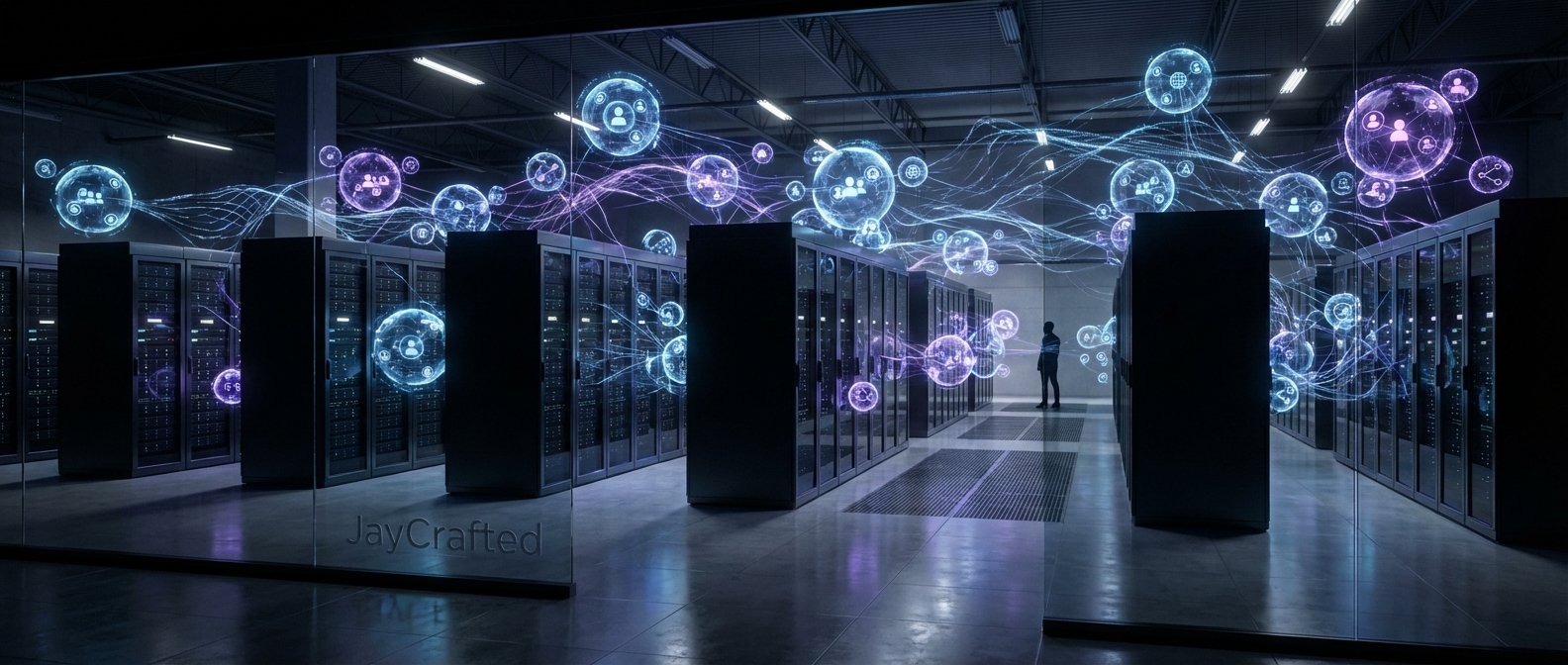 Sala de servidores oscura con múltiples racks y un hombre observando hologramas interactivos de burbujas con iconos de red y líneas de datos en tonos azules y morados. En primer plano se refleja 'JayCrafted'.