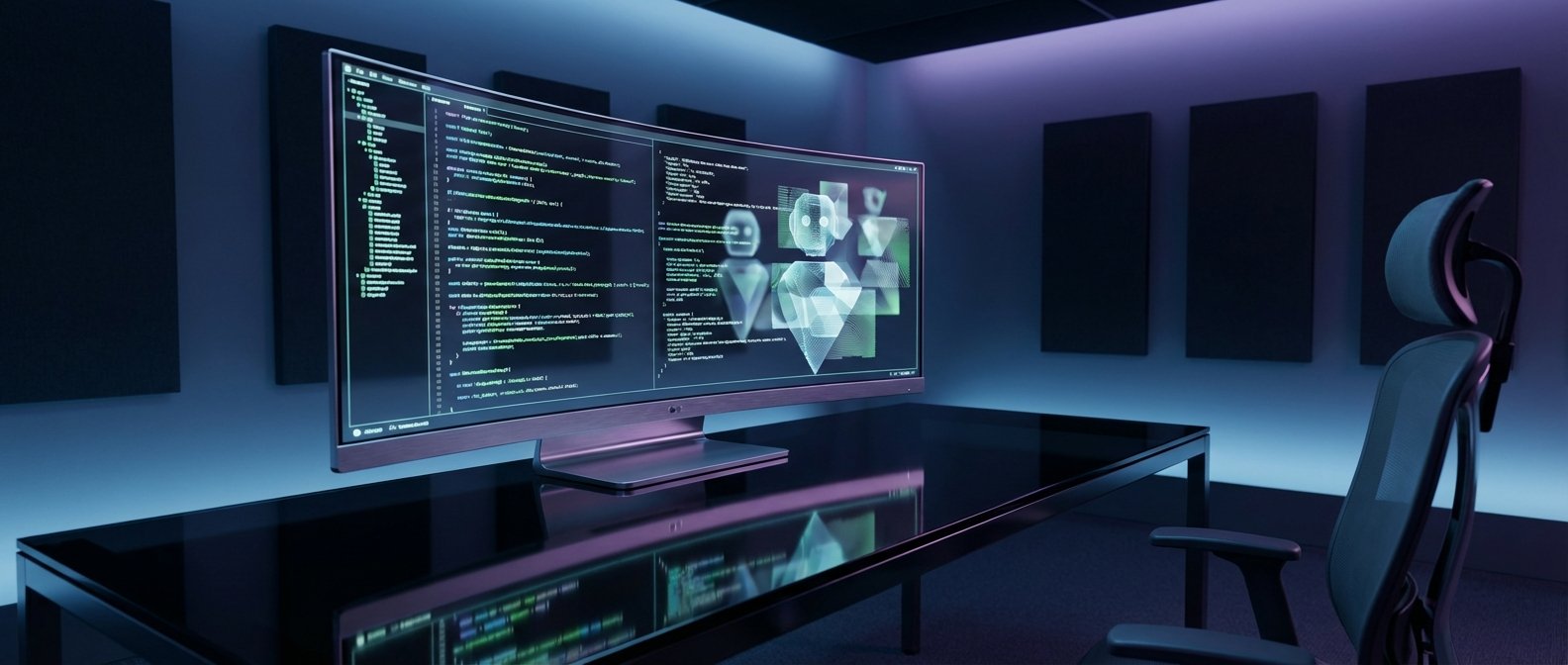 Monitor curvo de computadora mostrando código de programación y gráficos de inteligencia artificial con formas geométricas sobre un escritorio negro reflectante. Una silla de oficina ergonómica está junto al escritorio. La habitación tiene paredes oscuras con paneles y está iluminada con luces LED azules y púrpuras.