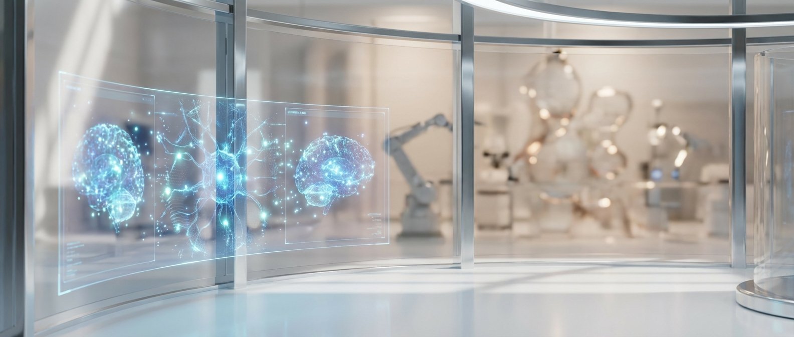 Pantalla transparente curva que muestra hologramas azules de un cerebro humano y una neurona con conexiones luminosas, en un laboratorio moderno con brazos robóticos y equipos científicos de fondo.